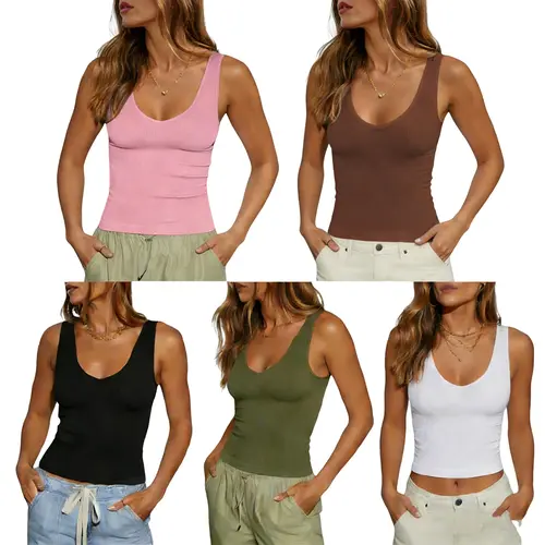 Fisoew Sports Womens Ribbed Tank Top Casual Basic 2026 Trendy Summer Sleeveless V Neck Knitted Y2K Crop Tops Womenswear Minimalist, Sleeveless Workout Tops, Solid Ribbed Tank