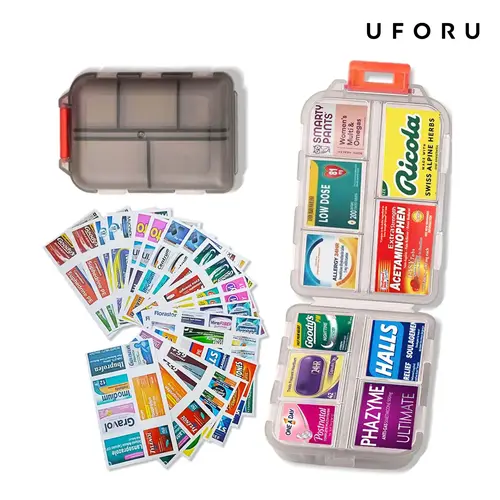 UFORU Pocket Pill Organizer Storage Boxes, 10-Compartment Travel Case with 146 Labels, Portable Daily Weekly Vitamin Supplement Medication Holder (No Pills), Travel Size, Locking Buckle Seal
