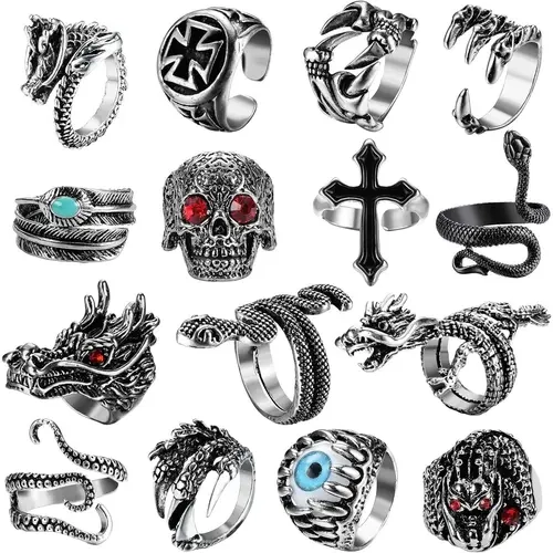 YADOCA 15Pcs Alloy Metal Vintage Punk Adjustable Animal Motif Rings Men's Accessories, Party Wear Boho Knuckle Stacking Snake Dragon Open Rings