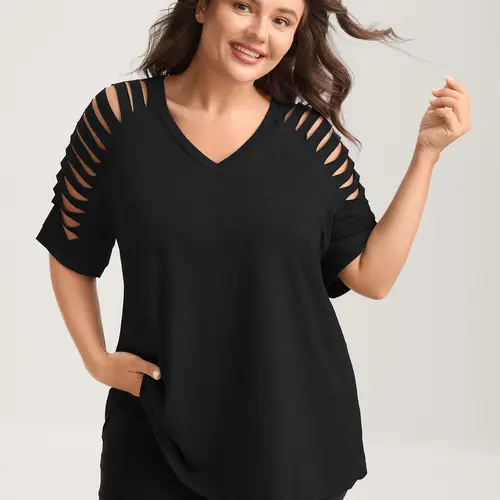 BLOOMCHIC Women's Plus Size Fitted Spandex Fabric Top - V-Neck Shortsleeve Cut-Out Design - [M-6X]Summerfinds ,summeroutfits,vacationoutfits,beachoutfits,back to school,back to school shopping,clothes for back to school,first day of school outfits，SohoChi