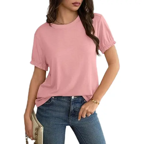 Cicy Bell Women's Viscose Puff Ruffle Short-Sleeve Crew Neck Tops, Comfortable Lightweight Loose-Fit Summer Casual Basic Tees for Women