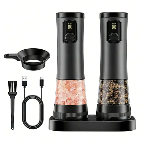Adjustable LED Salt and Pepper Grinder Set - Auto Grind, USB Charging, Stainless Steel Body, Ceramic Blade, Storage Base, LED Power Check, Onetouch Pepper - Kitchen Gadgets for Cooking, Everyday Use, BBQ Utensils, Salt Pepper Shakers,sohochic