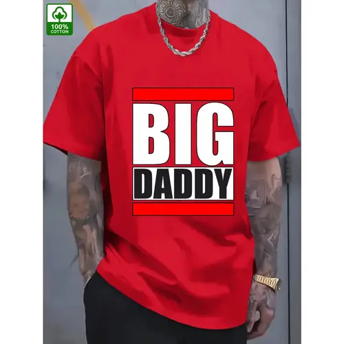 Men's Custom Print "BIG DADDY" Geometric Cartoon Round Neck Oversized Loose Fit Plus Size Cotton Short-Sleeve Sports Clothes, Breathable Athletic Men's Clothing, Gift-Ready Dad Tee for Father's Day,sohochic