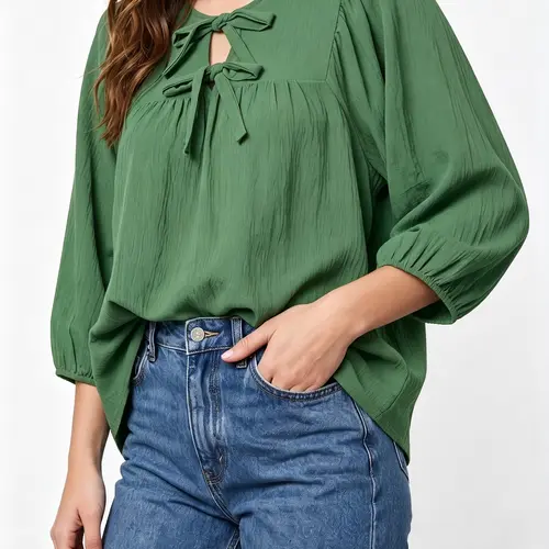 Shewin Women's Minimalist Solid Color Casual Blouse - Round Neck, 3/4 Sleeves, Bow Tie, Relaxed Fit, All Body Types, Basic Daily Wear Tops,back to school,back to school shopping, Women's Clothes, Layering Outfits,sohochic