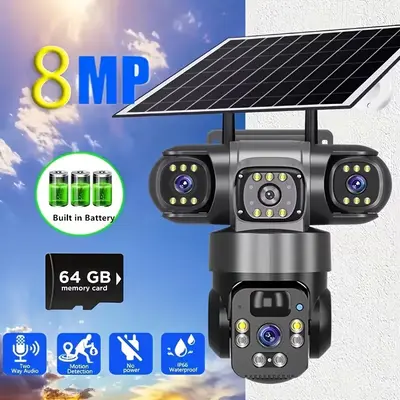 Solar-Powered Wireless Outdoor Security Camera - Rotatable PTZ, 2.4GHz Wi-Fi, Multi-Lens, Motion Detection, Night Vision, 2-Way Audio, Remote App Monitoring, Easy Install, Optional 64GB/128GB/256GB SD Card Storage, Speaker, Charging Cable,sohochic