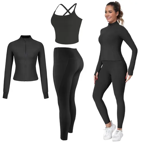 【LOCAL SHIPPING】2026 New 3-Piece Workout Set - Adjustable Straps Sports Bra + No Front Seam & Butt Lifting Leggings with Pockets + Concealed Full Zip Jacket with Collar Shield – Women’s Yoga Outfit Activewear for Gym Running Training Sportswear