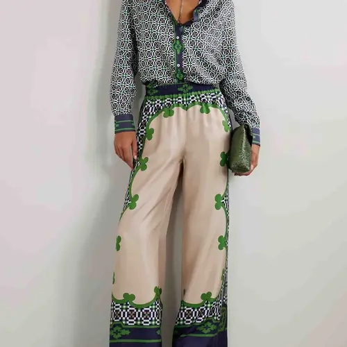 LikeMyChoice Unique Geometric Pattern Printed Satin Long-sleeved Shirt And Wide-leg Pants for Women's Fashion Elegant Matching
