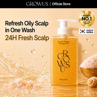 GROWUS Sea Salt Therapy Shampoo (500ml / 16.9 fl. oz.) - Exfoliating Scalp Scrub for Oily Greasy Hair, Deep Cleansing Dandruff & Build-up, Volumizing for Thinning Hair, Refreshing Korean Hair Care