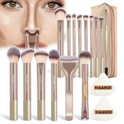 MAANGE Professional Makeup Brushes Kit, 14pcs Soft Makeup Brushes + 2 Powder Puffs + Brown Storage Bag, Beginner-Friendly Travel Set for Eyeshadow, Powder, Liquid & Cream,sohochic