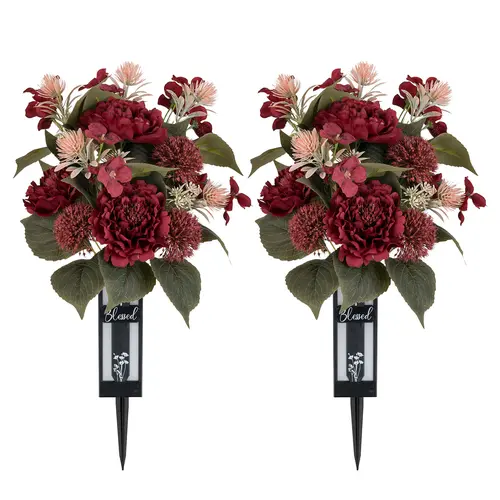 Cemetery Flowers for Grave: 2 Pcs Grave Flower Bouquets for Cemetery Decorations Outdoor Gravesite Flowers with Vase
