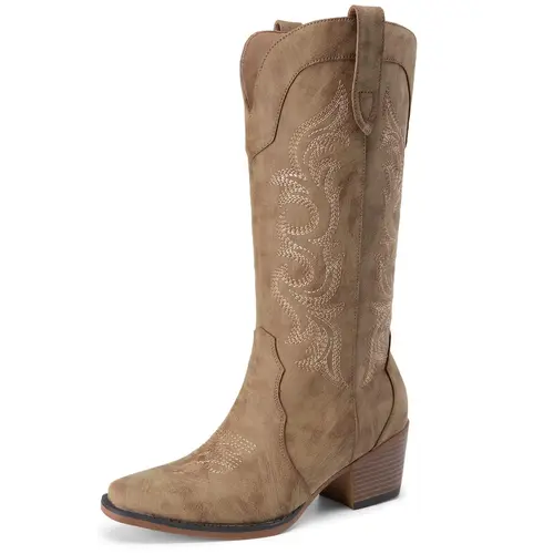 Women's Western Cowboy Boots, Embroidered Mid-Calf Shoe with a Pointed Toe, Chunky Heel, and Side Zipper for Rodeo Outfits, Footwear, Classic Cowboy Boot, Rodeo Outfit Inspo,shoes for back to school,back to school shoes,sohochic