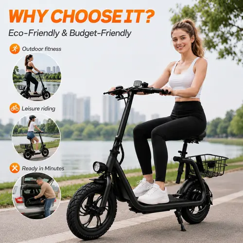 Cyber Wheels CW08 Commuter Electric Scooter - Adjustable Seat, 20-Mile Range, Foldable, Storage Basket, Lightweight, Lithium Battery Commuting Scooter with Dual Brakes, Portable Folding Option, Fathersday Gift, Summer Outfit Pick, Folding Scooter