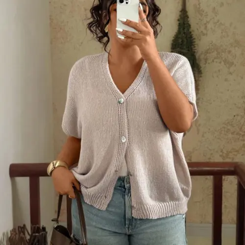 Plus Size Women's Casual Sexy Loose V-Neck Button Shoulder Sleeve Knit Tank Top, Soft, Spring Summer Daily and Holiday Wear Knitted Womenswear Blouse