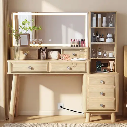 Furmax 48" Wood Vanity Desk with Mirror and LED Light, Makeup Vanity Desk with Storage Drawers & Transparent Glass Cabinet & Charging Station for Women and Girls, Dressing Table for Bedroom, Gift for Girlfriend, Daughter, Sister - Oak Vanity With Lights W