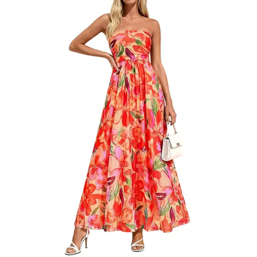 PrettyGarden Women's Boho Maxi Dress Summer Floral Tube Strapless Spring Wedding Guest Cocktail Long Dresses