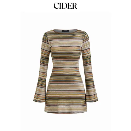 Cider Jersey Boat Neck Striped Bell Sleeve Flared Mini Dress SohoChic