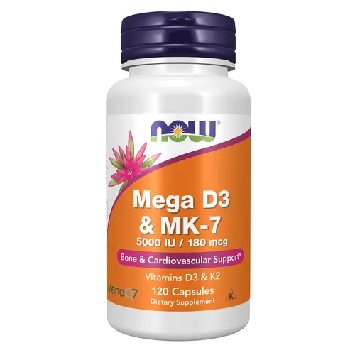 NOW Supplements Dietary Mega D3 & MK-7 Capsules, 5000 IU D3 & 180 mcg MK-7, Bone Health Support, Cardiovascular Support, 120 Count, D3 Vitamins Supplements