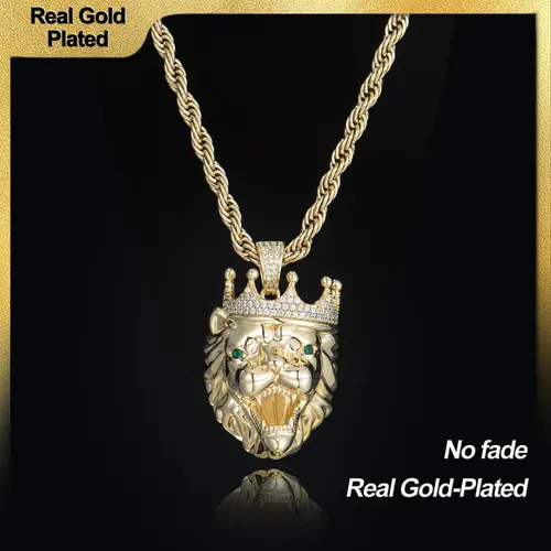 Holylegend 14K Gold-Plated Lion Head Pendant Necklace with CZ Diamond Crown, Emerald Eyes,Father's Day Gift
