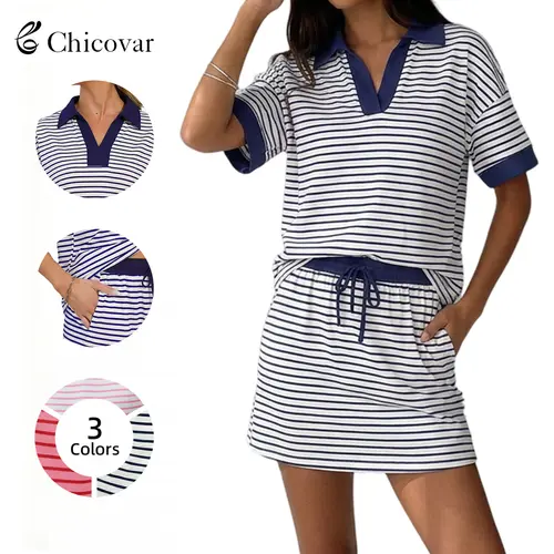 Chicovar Striped 2 Piece Outfits Casual Set  Short Sleeve V-Neck Polo Skort with Built-in Shorts & Pockets, Adjustable Waist, Stretchy & Comfortable, Lounge Sets, Athleisure, Comfyoutfit, Summervibes