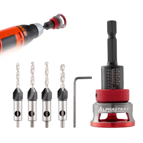ALPHASTART 4PCS HCS Smooth Countersink Drill Bit Set - 4-Blade M2 HSS Steel, Adjustable Depth Stop, L-Shape Wrench, 82° US Standard, Precision Power Tool Accessories for Wood, Plastic Drilling Projects,toolupgrade