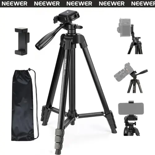 NEEWER TP53 57.5" Entry-Level Travel Tripod for Smartphone & DSLR Camera, Durable Aluminum Alloy Stand with 4-Section Legs, 360° Ball Head, Adjustable Height, Holder, Mount, Cold Shoe, Built for Travel Photos and Vlogs (Beginner)