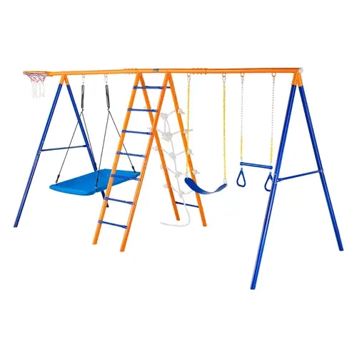 VEVOR Heavy-Duty Metal Playground Equipment, 6-in-1 Backyard Outdoor Playset with 2 Swings, Trapeze Bar, Climbing Ladder, Climbing Net, Basketball Hoop, 440lbs Load Capacity, Home Playground Equipment for Kids Ages 3+, Sports Cool Gifts for Kids#SohoChic