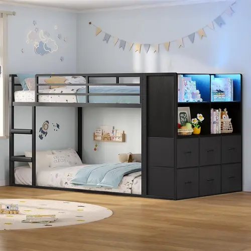 Sikaic Twin Over Twin Bunk Bed with Storage Drawers, Open Shelves & LED Lights, Black Metal Low Bunk Bed with Built-in Ladder and 13.4-Inch Guardrails, Space-Saving, Home Furniture Christmas Gifts [SohoChic]