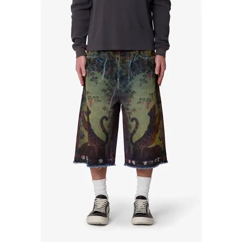 mnml Ultra Baggy Leopard Denim Shorts - Multi Vintage Sublimation