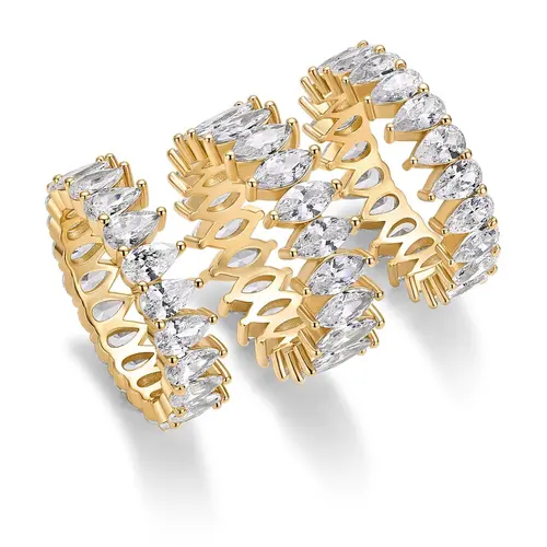 PAVOI 14K Gold Plated Eternity Ring Set - 3 Ring Pack Stackable Wedding Bands for Women with Cubic Zirconia - Pear & Oval CZ Eternity Band - Statement Bridal Jewelry Wedding Rings
