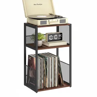 Sweetcrispy 3-Tier Wobble-Free Record Player Stand - Small Footprint Furniture, Record Player Cabinet, Up to 100-Album Storage, Apartment Furniture, Home Organizer Shelf for Living Room Bedroom, Table, Wood Mesh