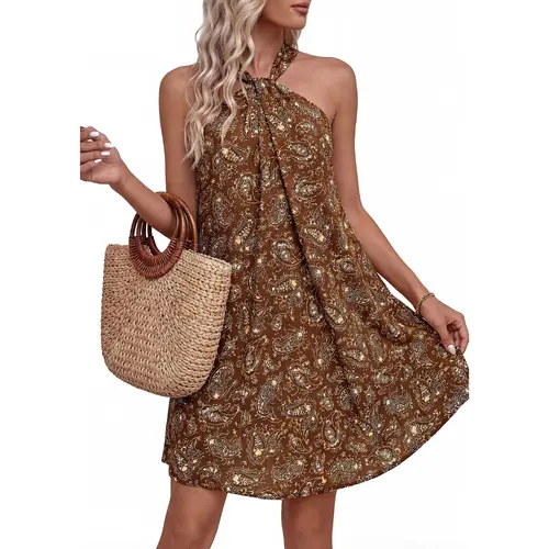 PrettyGarden Womens  Summer Halter Mini Dress Sleeveless Boho Floral Short Sundress Casual Flowy Beach Dresses