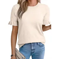 EVALESS Women's Plain Wool Blend Knit T Shirts Tops Crew Neck Short Puff Sleeve Casual Basic Texture Sweater Shirts 2026 Trendy Womenswear Summer Outfits  Deals For You Days summer outfits