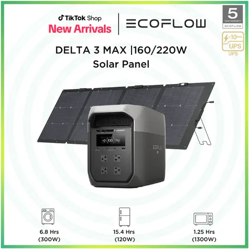 ECOFLOW DELTA 3 MAX with 160W or 220W Solar Panel, 3400W X-Boost Output, Ultra-Fast 0-80% Charging in 1.13 Hr, Home Backup & RV Camping