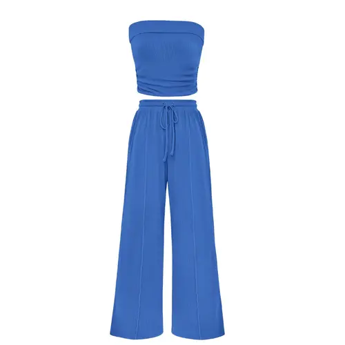 PrettyGarden Womens Summer Outfits 2 Piece Sets Casual Ribbed Knit Crop Tube Top Wide Leg Pants Spring Matching Lounge Set#Summervibes#SwimWeek#DealsForYouDays