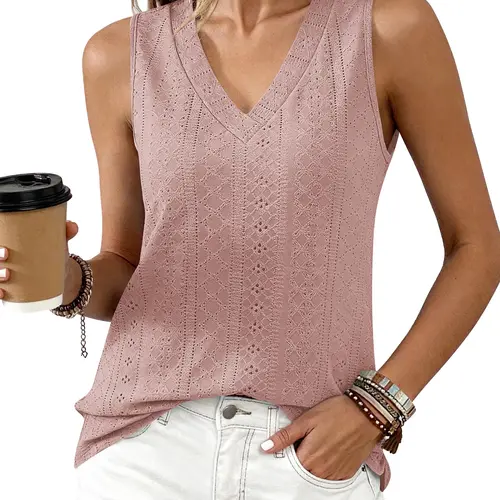 BTFBM Womens Tank Tops 2026 Summer Eyelet Crossed V Neck Sleeveless Casual Loose Fit Basic Spring Top Vacation Outfits #Clearance