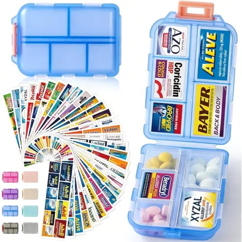 UFORU Portable Lightweight Pill Storage Box - 10-14 Grid Pocket-Sized Dustproof Moisture-Guard Organizer with 147-420 Brand Labels, Travel Essential, Household Vitamin Holder