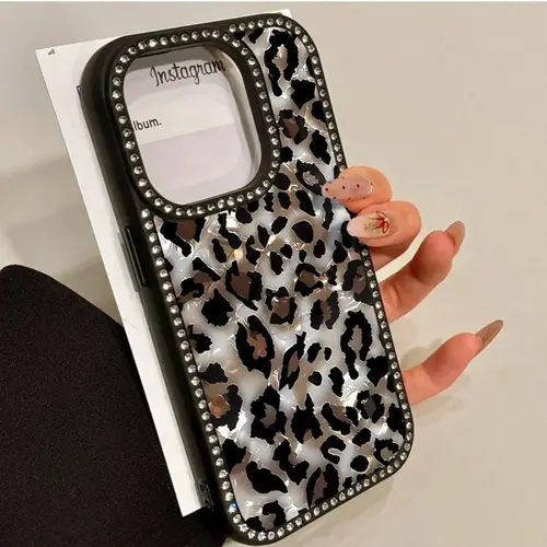 Marble Leopard Print Double-Sided Diamond-Encrued 3-In-1 Phone Case, Suitable For IPhone 17promax/17air 16promax, 16 15pro 14 14 Plus/14 Pro Max 13 13 Pro 12Pro 11pro Promax Series. Anti-Drop And Stain-Resistant Soft Case, Smartphone, Handheld, Protection