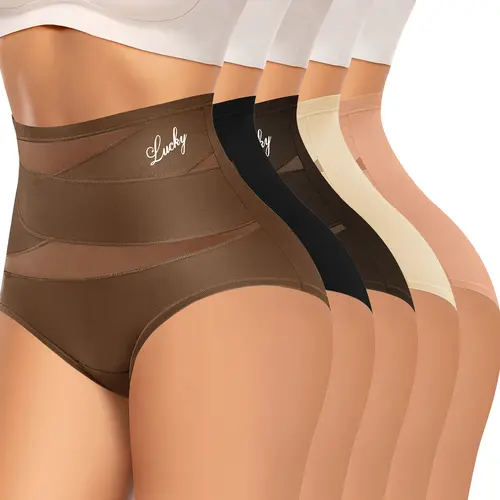Morelect Women's High-Waist Sheer Breathable Mesh Briefs Underwear Set - 4/5/6/8 Pcs Chic Polyester Blend with Lucky Logo Edge, Lightweight All-Season Essential Mothers' Day Gift, 5 Pack，Set 1, Basic