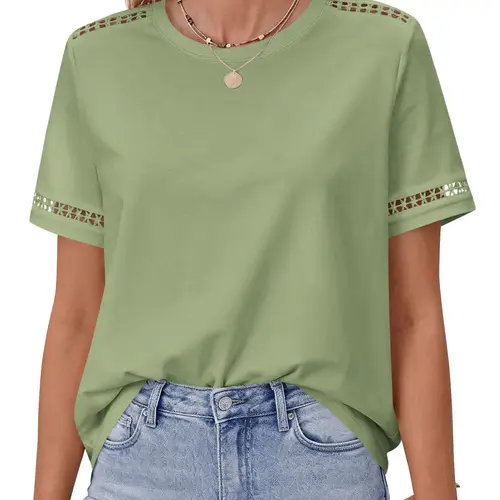 BTFBM Womens Summer Tops Lace Short Sleeve Shirts 2026 Spring Casual Loose Crew Neck Cotton Knit Cute Business Blouses #Clearance