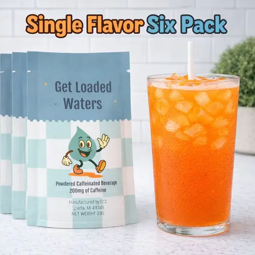6 Pack Single Flavor Loaded Waters | 32oz Sugar Free Caffeinated Flavored Powder Beverage Mix | Made in USA | Easy to Mix