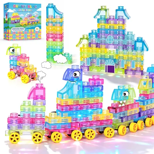 JoySpot Train Jelly Building Blocks with Wheels, 42 PCS Montessori Sensory Stacky Building Blocks, Toddler Learning Toy with Station, Squeezable, Stretchable & Stackable Tactile Toys, Preschool Creative Play for Kids,sohochic
