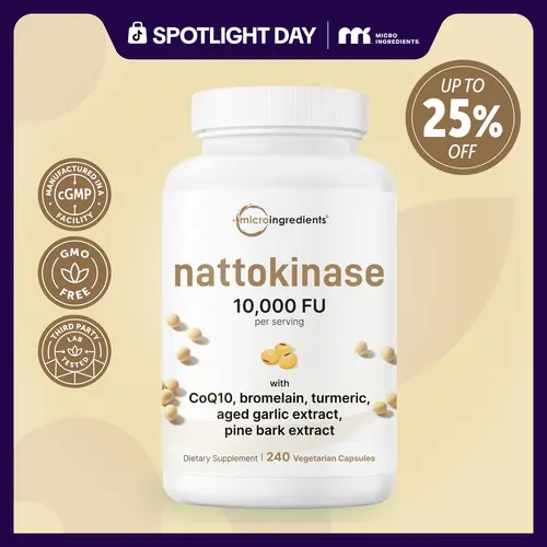 Micro Ingredients Nattokinase (Derived from Japanese Natto) 10,000FU Complex, 240 Vegetarian Capsules | with Coq 10, Turmeric, Aged Garlic & More, Non-GMO, No Gluten