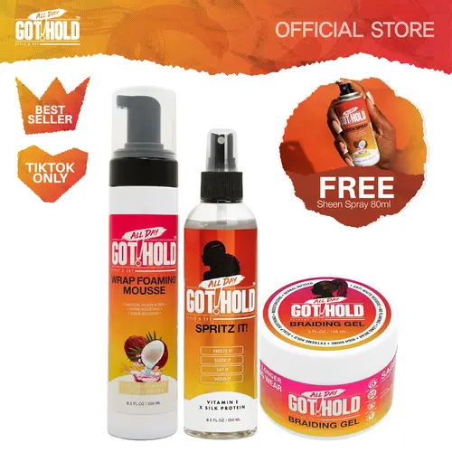 ALL DAY GOT HOLD Unisex 4-Piece Braiding & Care Multi-Pack - Strong Hold Lightweight Gel/Mousse, Frizz Control Aerosol Spray, Flawless Setting, Flyaway Tamer, Hydrolyzed Silk, Long Lasting Braids for Fine Curly/Curly Hair Textured Haircare Products