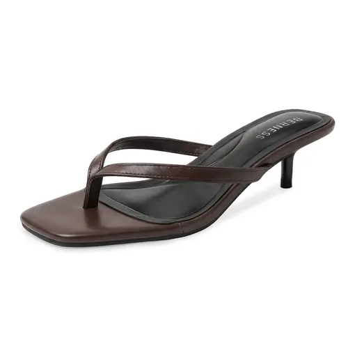 BERNESS Florella Women's Minimalist Kitten Heels Thong Sandals - Brown PU Leather Backless Slip-On Mules, Crisscross Straps, Square Toe, Breathable Plain Memory Foam Comfort Heels for Women, Summer Dresses
