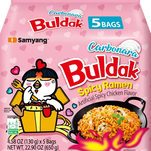 Buldak Korean Spicy Chicken Stir Fried Ramen Carbonara Flavor Super Hot Spicy Noodles Authentic Ramyun (Pack of 5)
