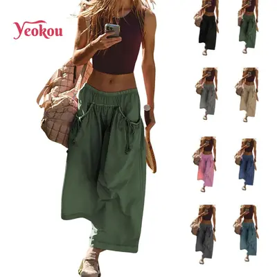 Yeokou Women's Loose Wideleg Track Capri Pants - Lady's Bottom with Boho Sport Style, Drawstring, Elastic Waist, Pockets, for Hiking, Casual Women's Clothes,summerwins,summeroutfits,vacationoutfits,beachoutfits,back to school shopping,sohochic