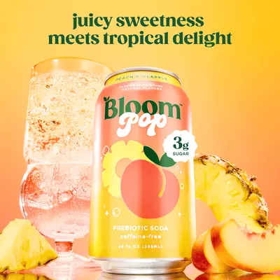Peach Pineapple - Bloom Pop - Prebiotic Soda 12 Pack, 12oz Cans - Prebiotic Soda for Gut Health, Low Calorie Soda, No Caffeine, Healthy Soft Drink Alternative Beverage