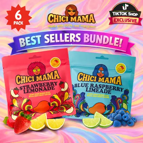 Chici Mama 6-Piece Dried Mango Best Sellers Bundle - Tangy Blue Raspberry Limeade, Strawberry Lemonade Flavors - Better-For-You Sweet Food Snack, Adults Work Travel Treat, Single Serve