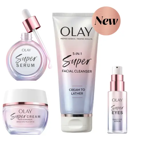 OLAY Full Super Routine Multi-Pack Skincare Kit - Unisex Daily Face & Eye Care, Firming Cleanser, Serum, Cream for Sun Protection & Normal Skin, Award-Winning