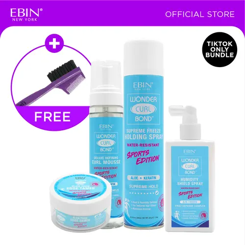 EBIN Sports Edition Wonder Curl Bond Edge Tamer + Curl Mousse + Holding Spray + Humidity Shield Spray Bundle with Free Edge Brush | Enhanced Curl Definition, Extreme Hold, Sweatproof, Water-resistant, Moisture, Frizz Control